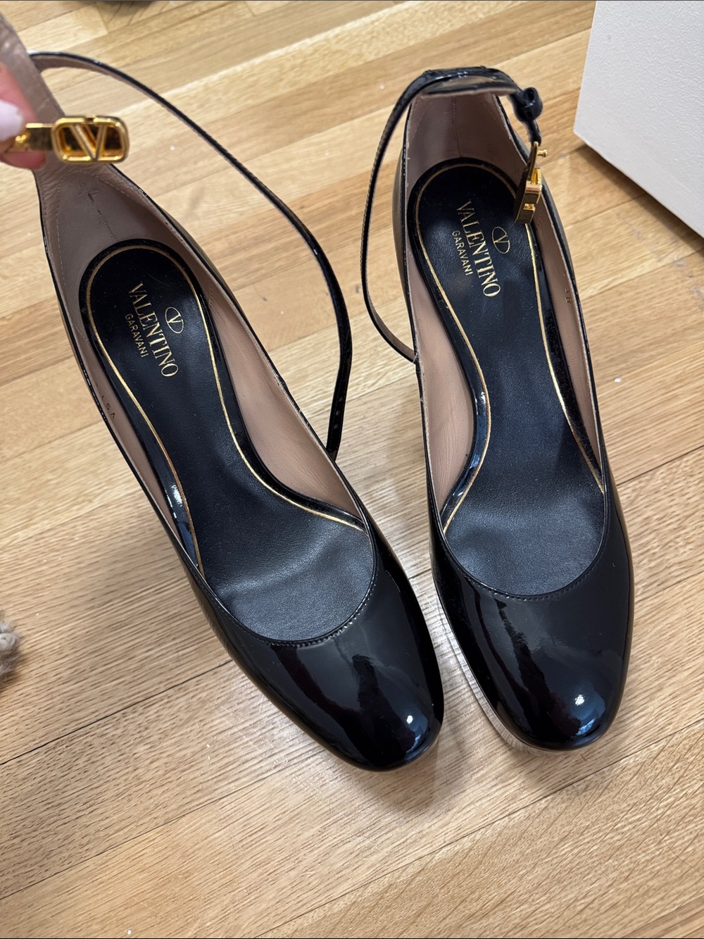 Valentino Garavani Black Patent Leather Ankle-Strap Pumps with Gold Buckle